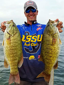 Co-angler champion Hunter Chase Sharphorn shows 2 nice bass from his 2017 TBF of Michigan State Championship 1st place finish. His limit weighed 20 pounds 2 ounces.