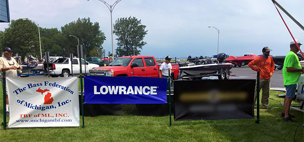 Lowrance banner at 2017 TBF of Michigan State Championship, Lake St. Clair, Harley Ensign BAS